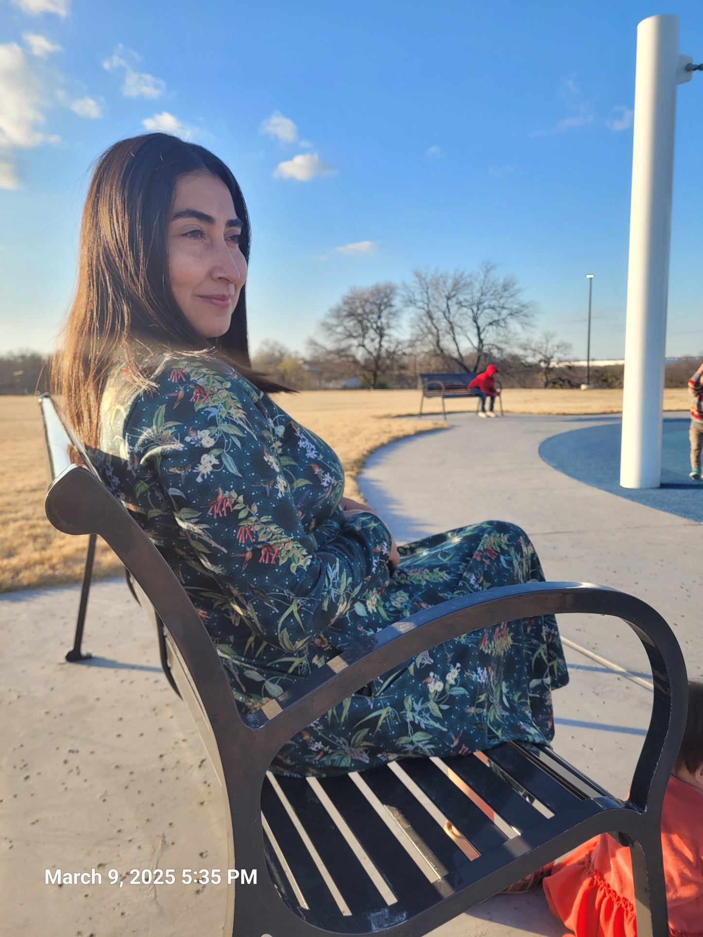 Hummingbird Long Sleeve Midi Dress with Pockets