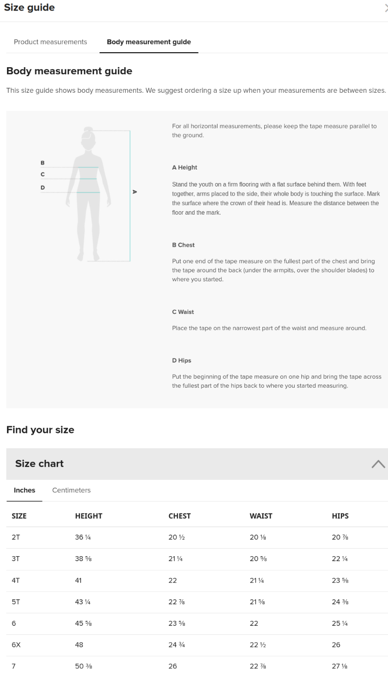 Size Guide for Kids Swimsuit