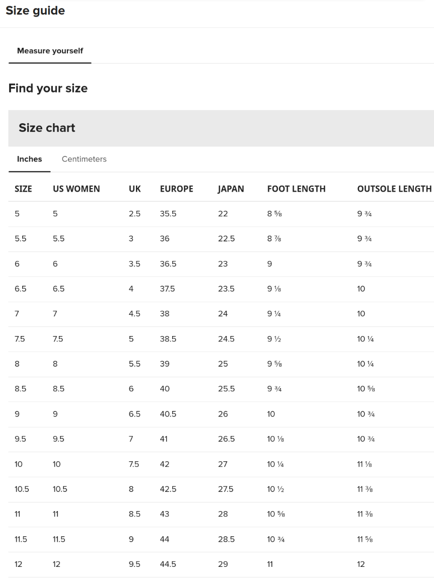 Size Guide for Lace Up Canvas Shoes