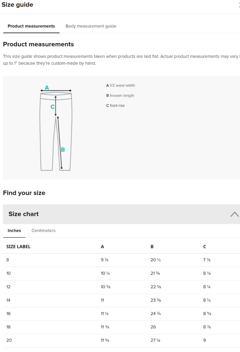 Size Guide for Youth Leggings
