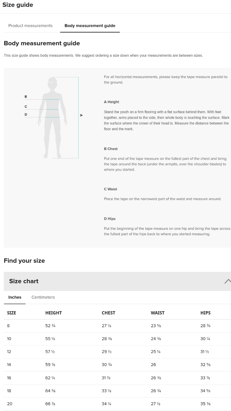 Size Guide for Youth Rash Guard