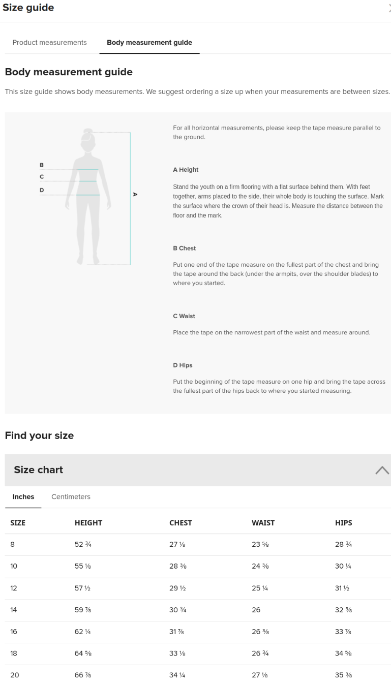 Size Guide for Youth Swimsuit