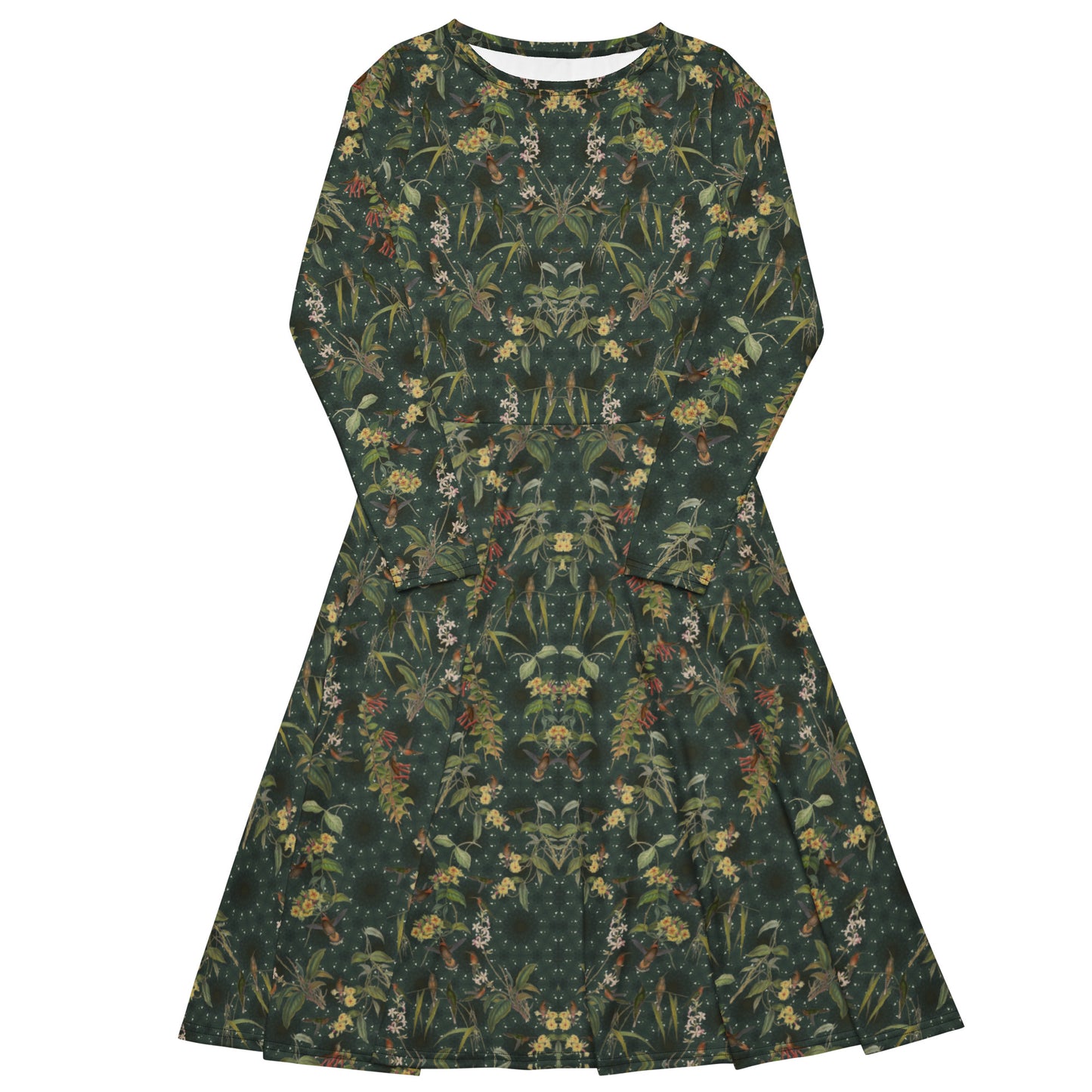 Hummingbird Long Sleeve Midi Dress with Pockets