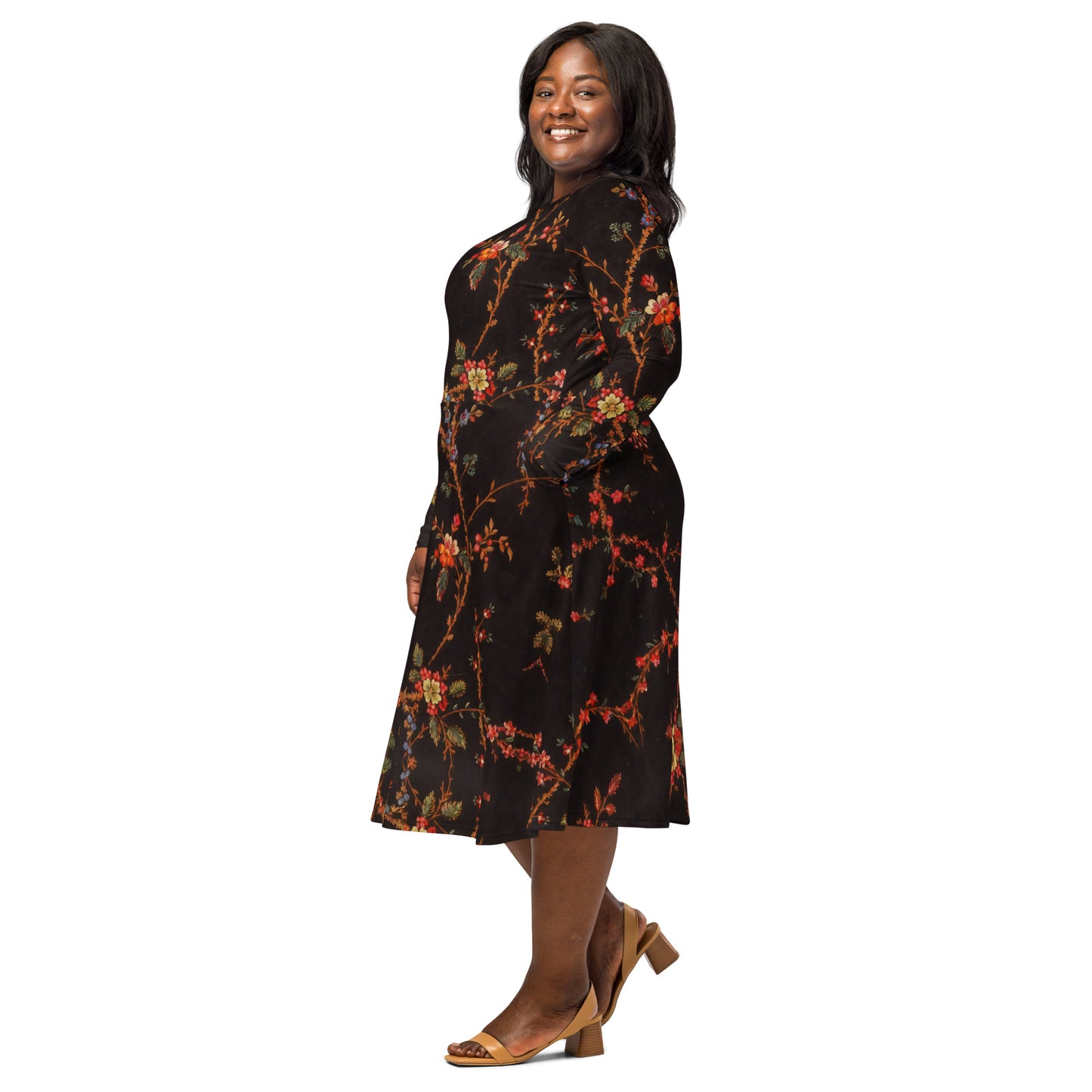 Long Sleeve Midi Dress with Pockets: Forget-Me-Not & Cherry