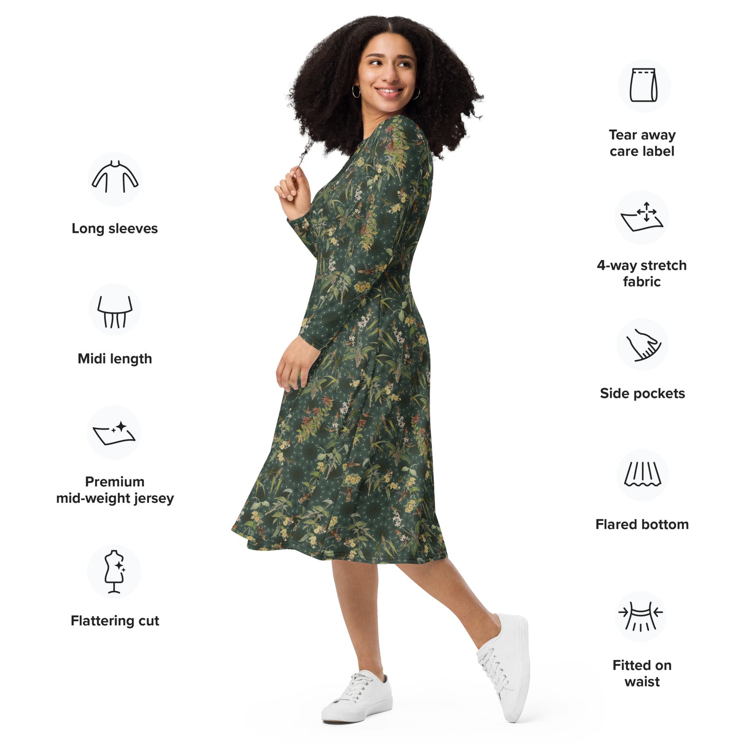 Hummingbird Long Sleeve Midi Dress with Pockets