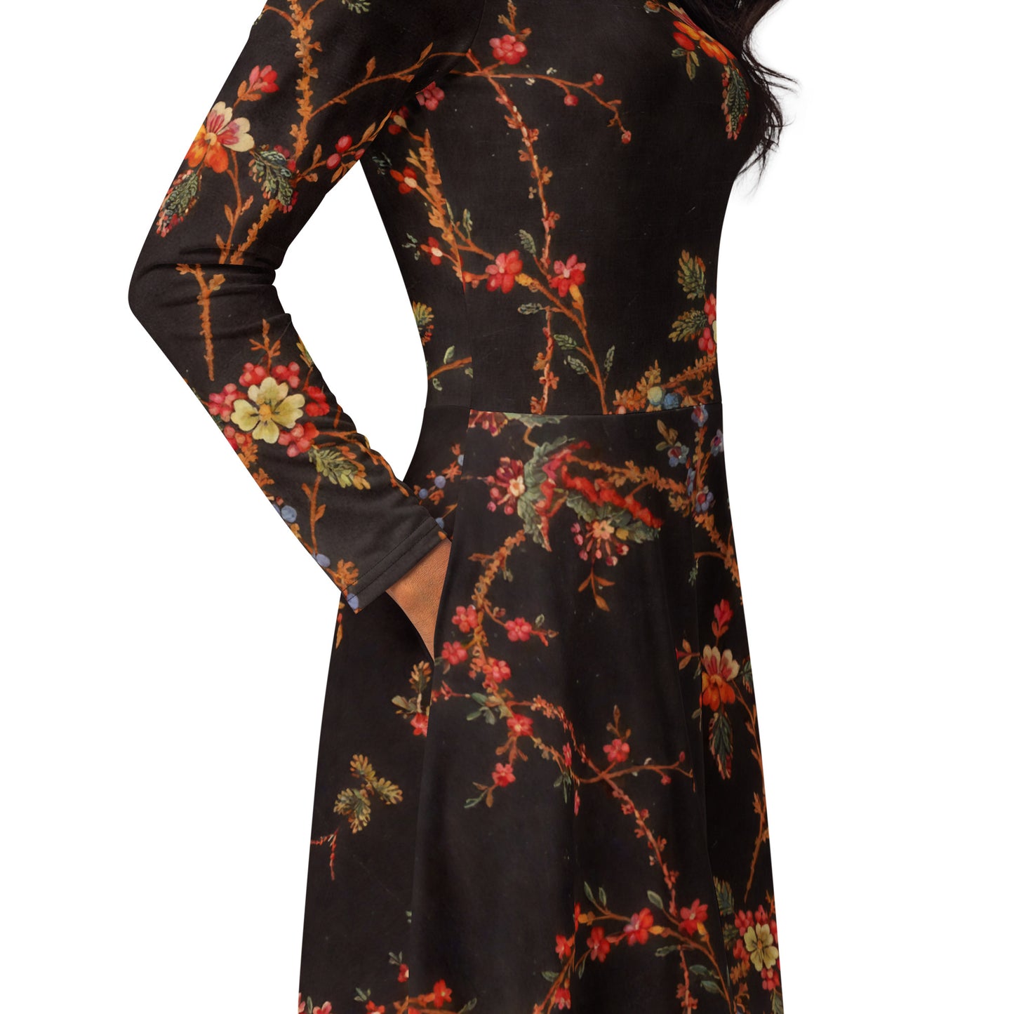Long Sleeve Midi Dress with Pockets: Forget-Me-Not & Cherry
