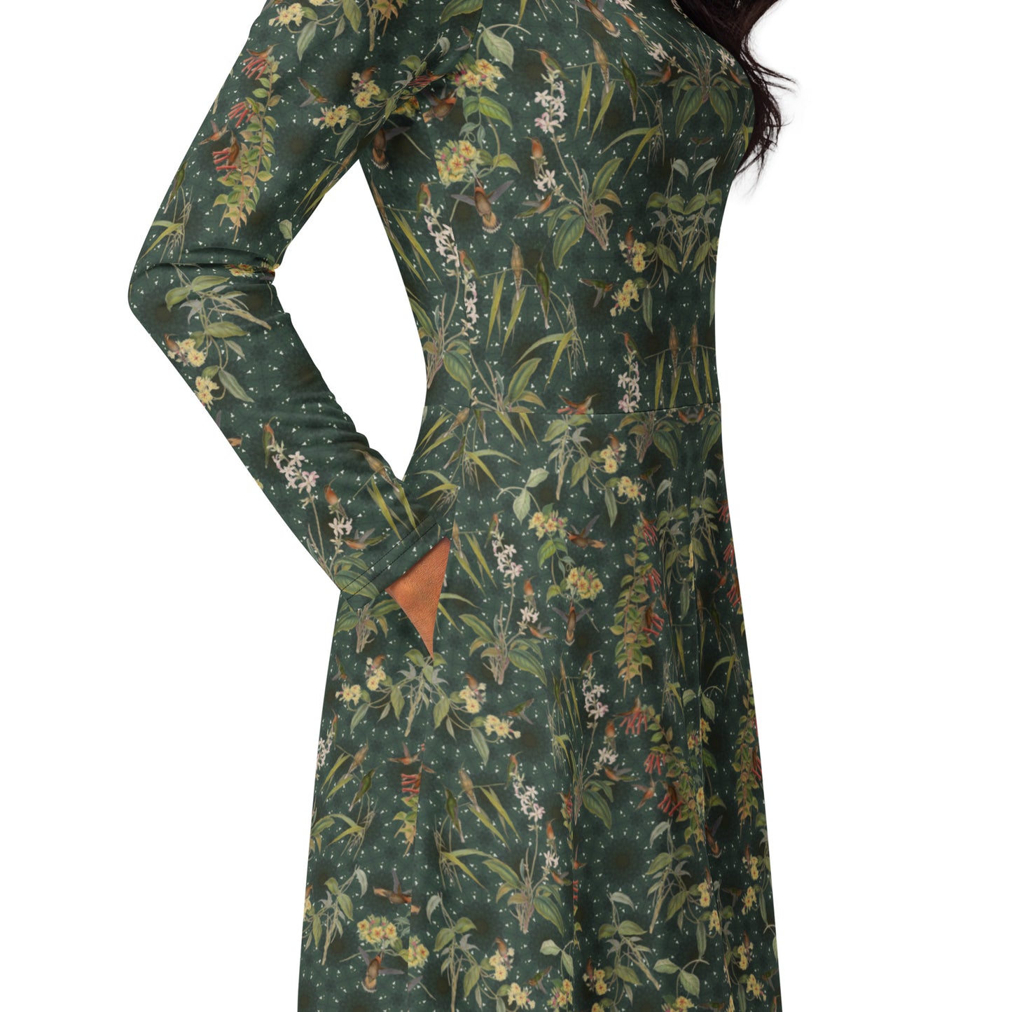 Hummingbird Long Sleeve Midi Dress with Pockets