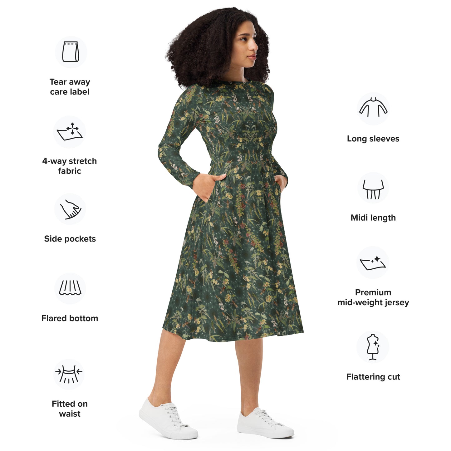 Hummingbird Long Sleeve Midi Dress with Pockets