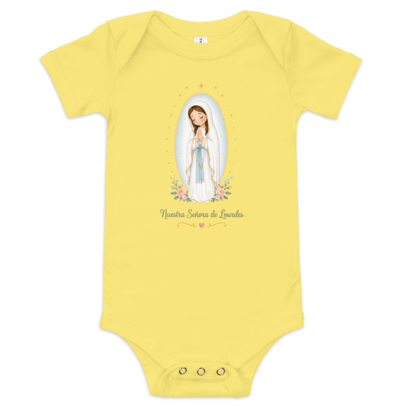 Nuestra Señora de Lourdes Baby — Printful flat · Yellow