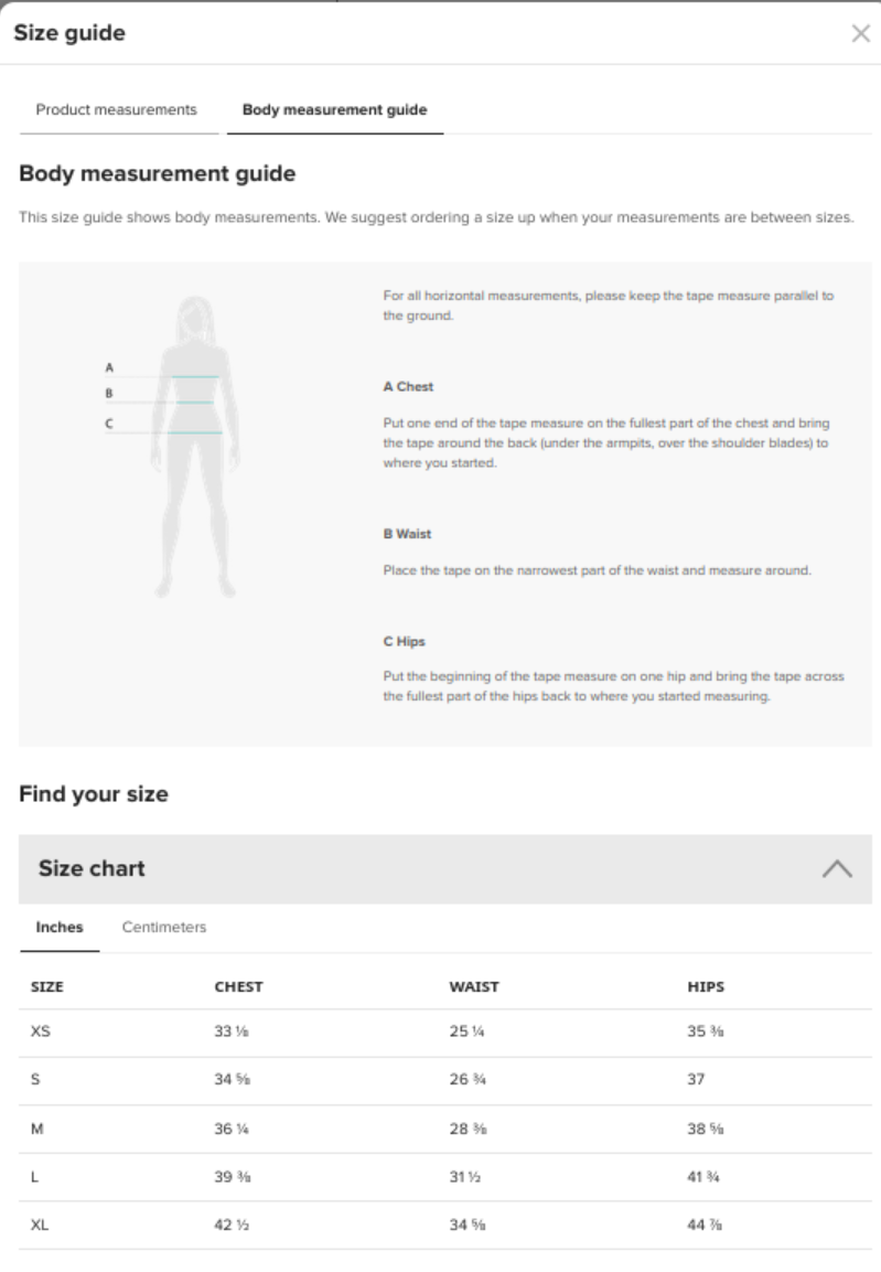 Size Guide for Bodycon Dress