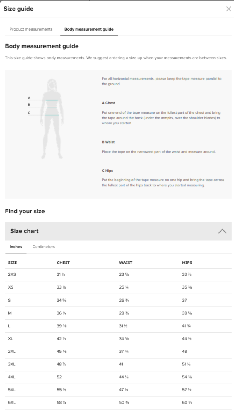 Size Guide for Tshirt Dress