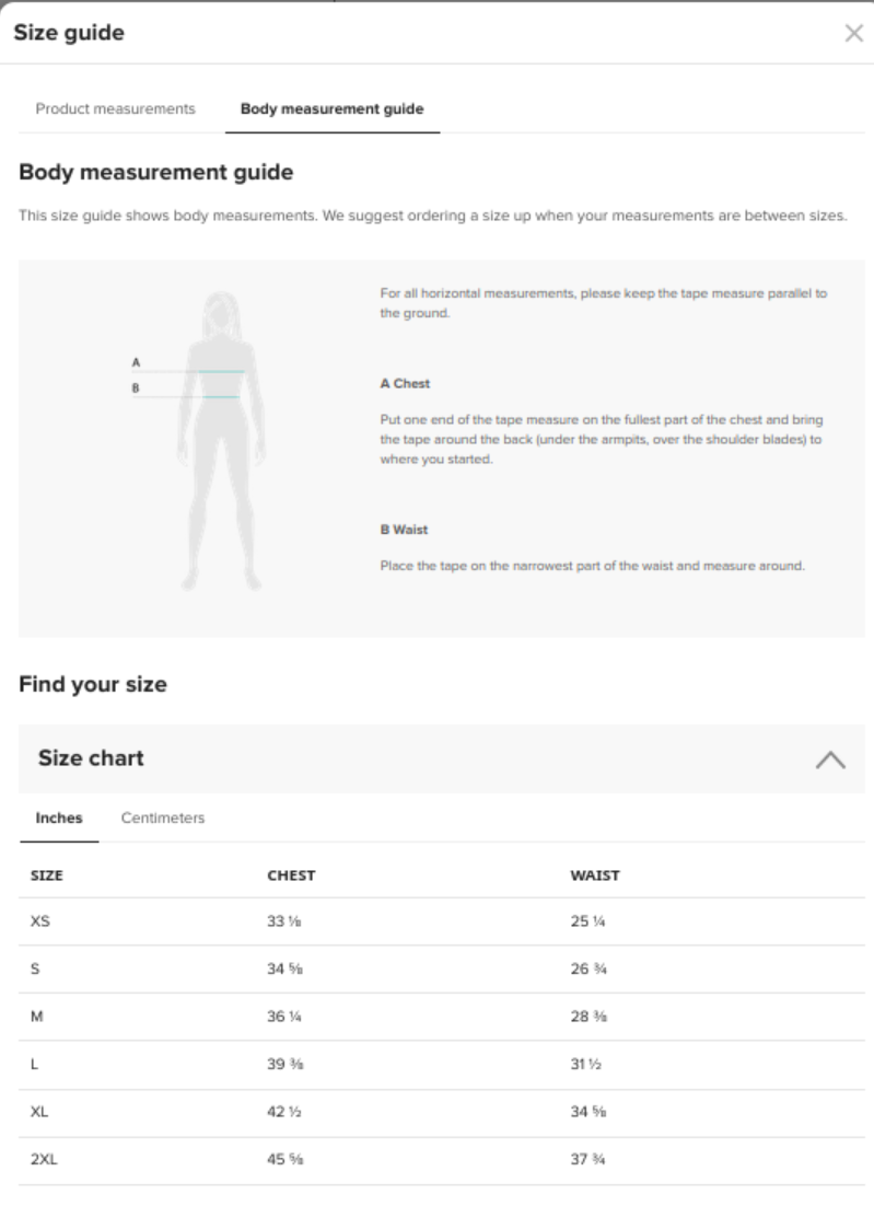 Size Guide for Womens Crew Tshirt