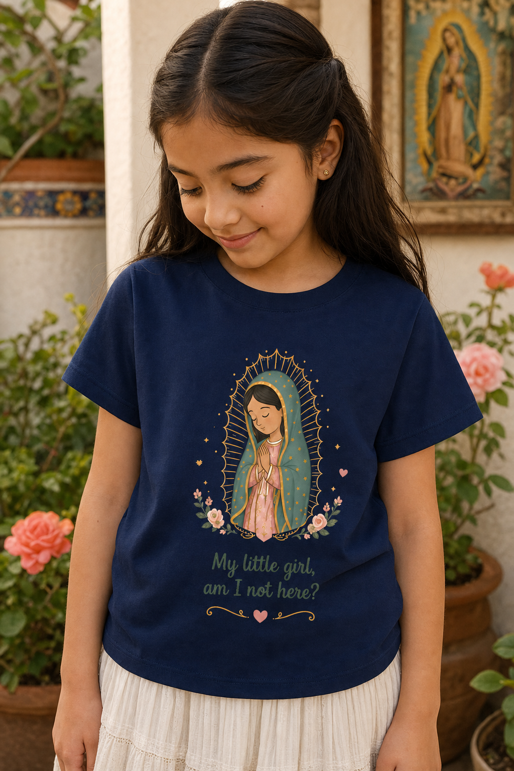 Girl wearing the My Little Girl Guadalupe Girls T-shirt in a lifestyle setting — detail