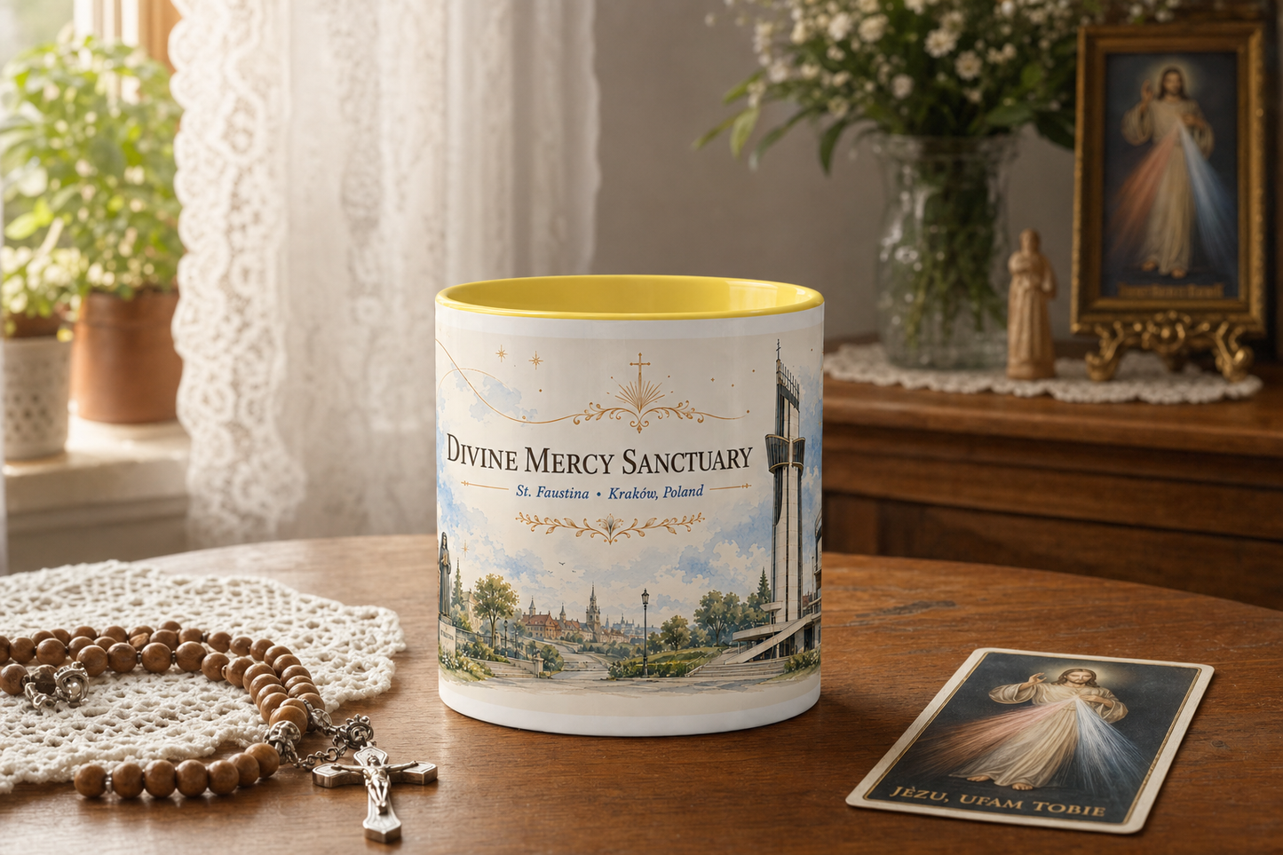 Divine Mercy Sanctuary Mug — Kraków — table lifestyle