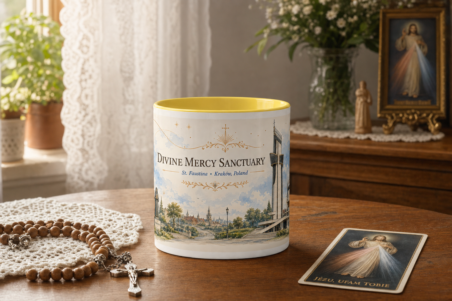 Divine Mercy Sanctuary Mug — Kraków — table lifestyle
