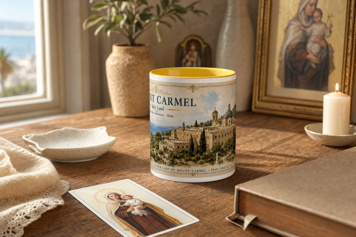 Mount Carmel Stella Maris Mug — Holy Land — table lifestyle