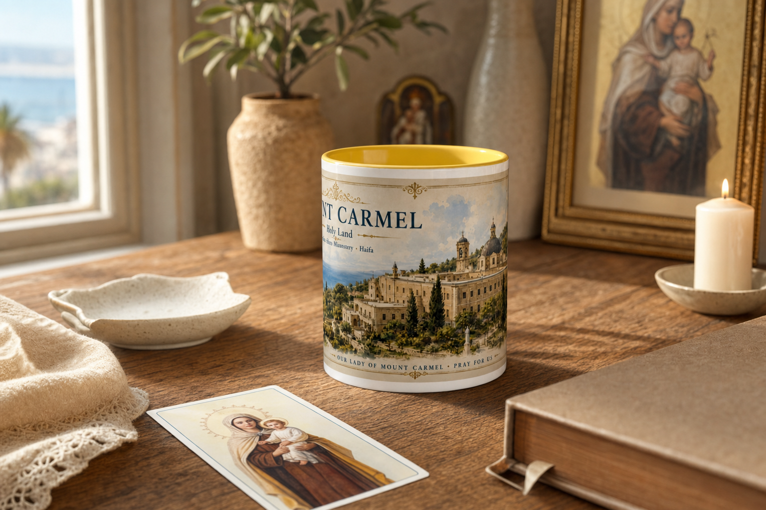 Mount Carmel Stella Maris Mug — Holy Land — table lifestyle