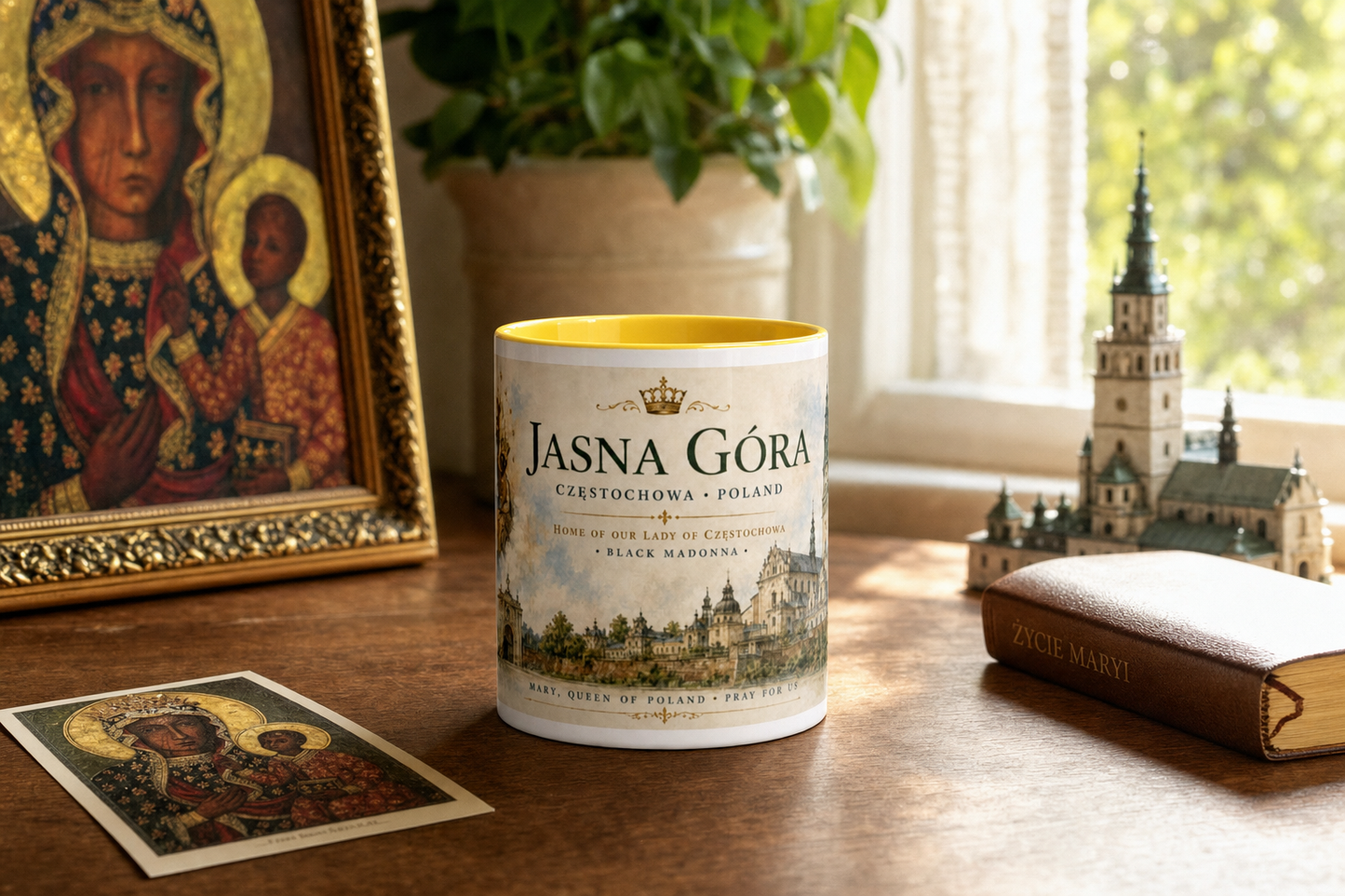 Jasna Góra Mug — Black Madonna of Częstochowa — table lifestyle