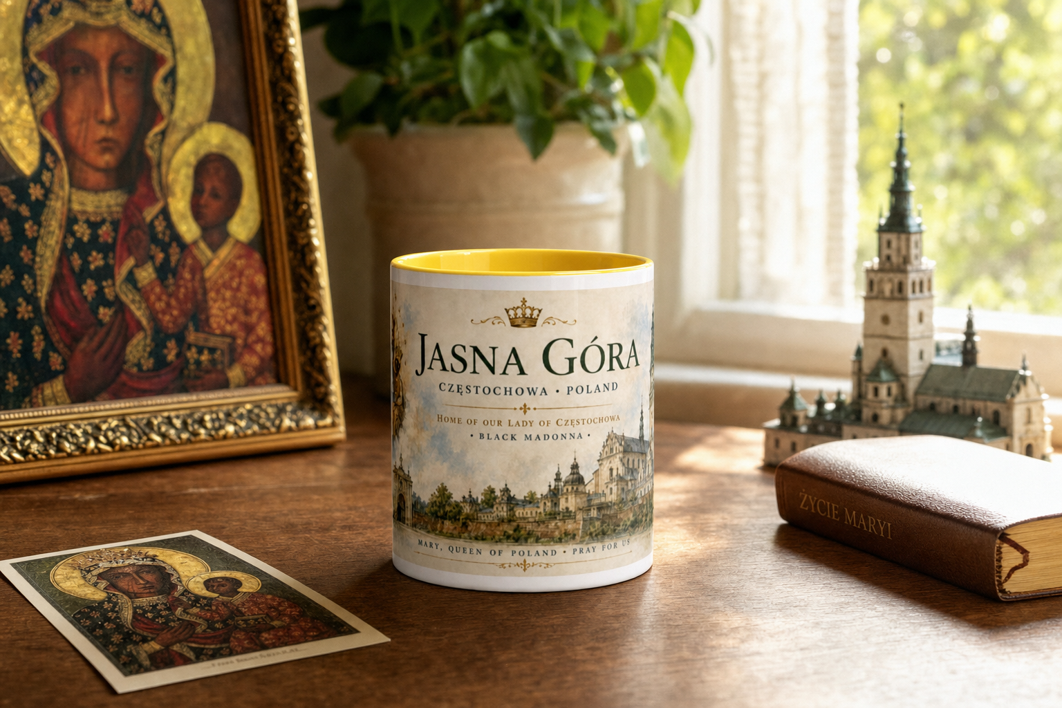 Jasna Góra Mug — Black Madonna of Częstochowa — table lifestyle