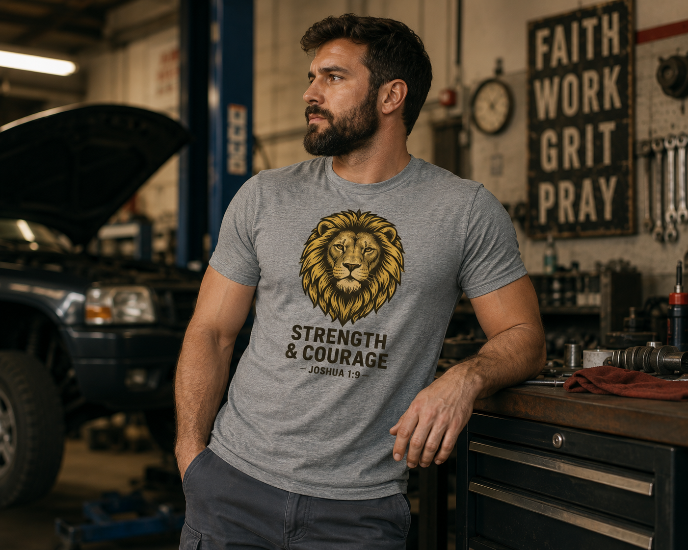 Strength & Courage Lion Christian T-Shirt – Joshua 1:9