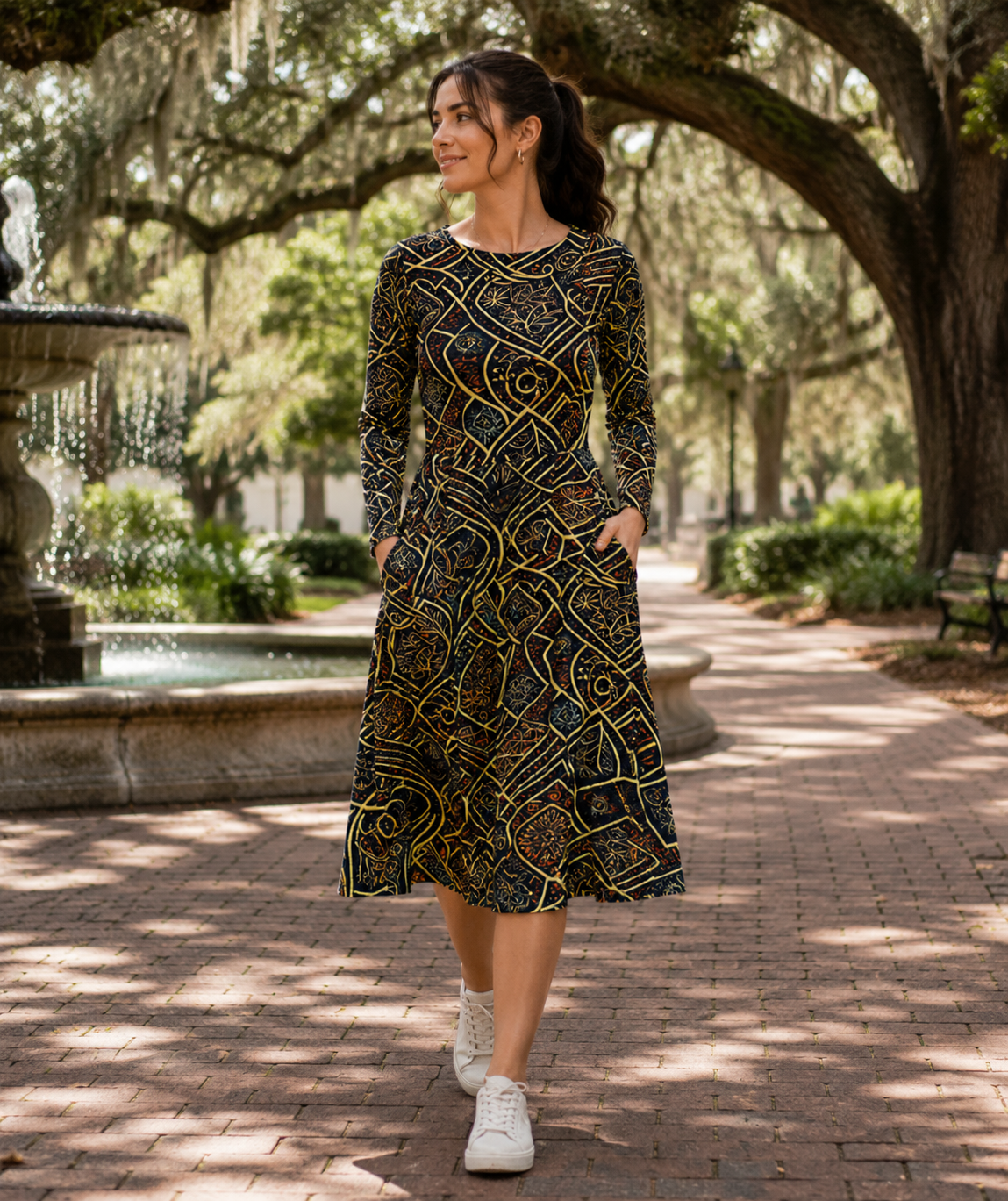 Long Sleeve Midi Dress with Pockets: Lattice & Mosaic
