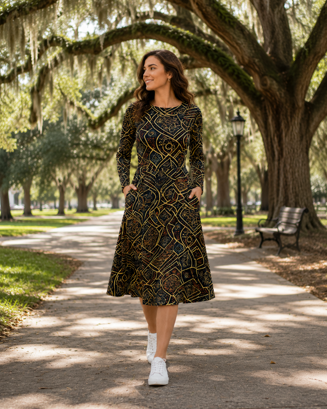 Long Sleeve Midi Dress with Pockets: Lattice & Mosaic