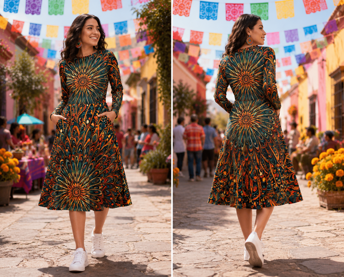 Long Sleeve Midi Dress with Pockets: Festive & Light