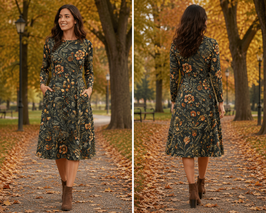 Long Sleeve Midi Dress with Pockets: Linen & Gardenlike