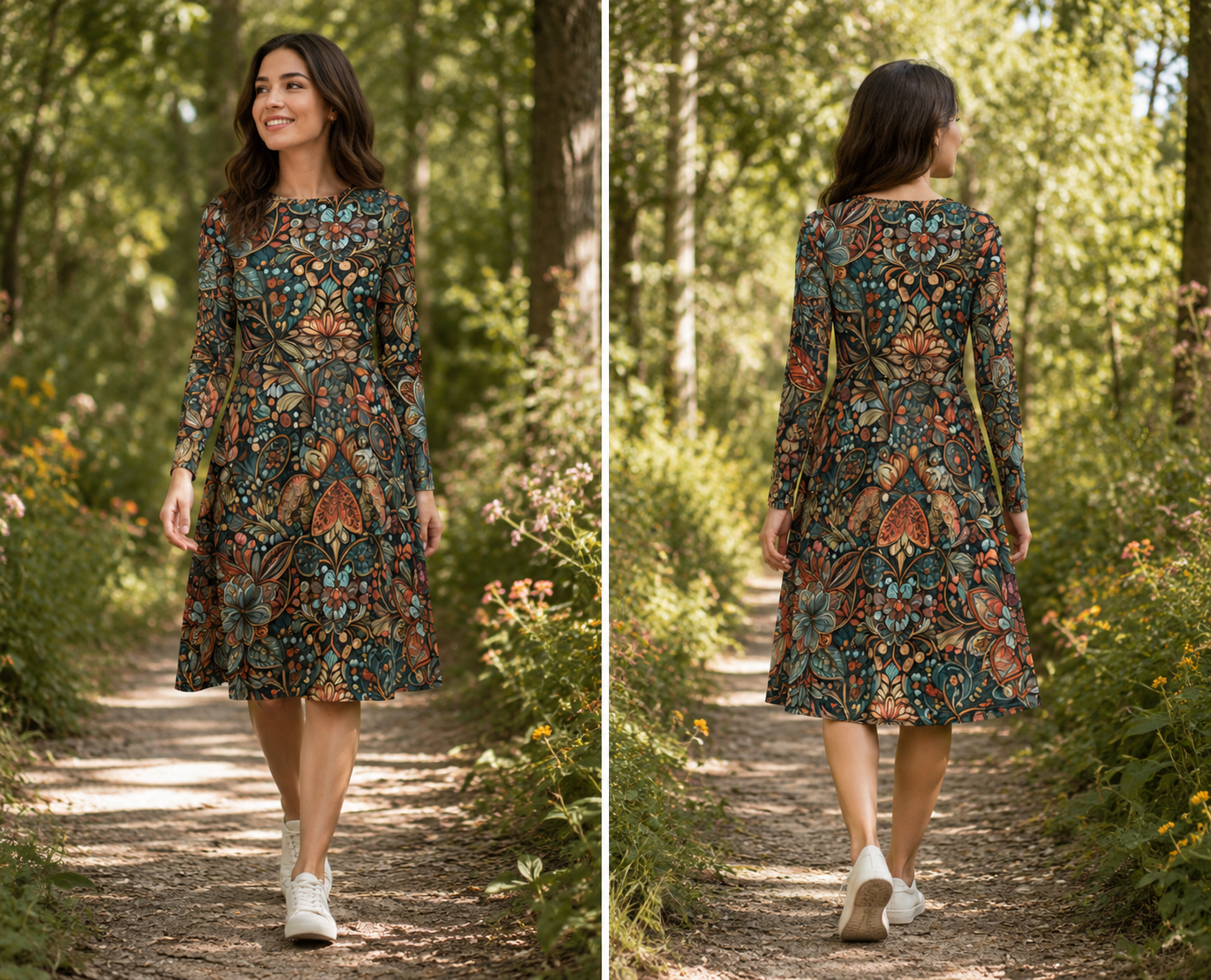 Long Sleeve Midi Dress with Pockets: Stitching & Jubilant