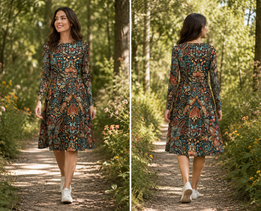Long Sleeve Midi Dress with Pockets: Stitching & Jubilant