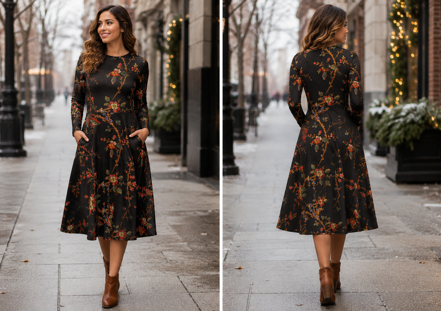 Long Sleeve Midi Dress with Pockets: Forget-Me-Not & Cherry