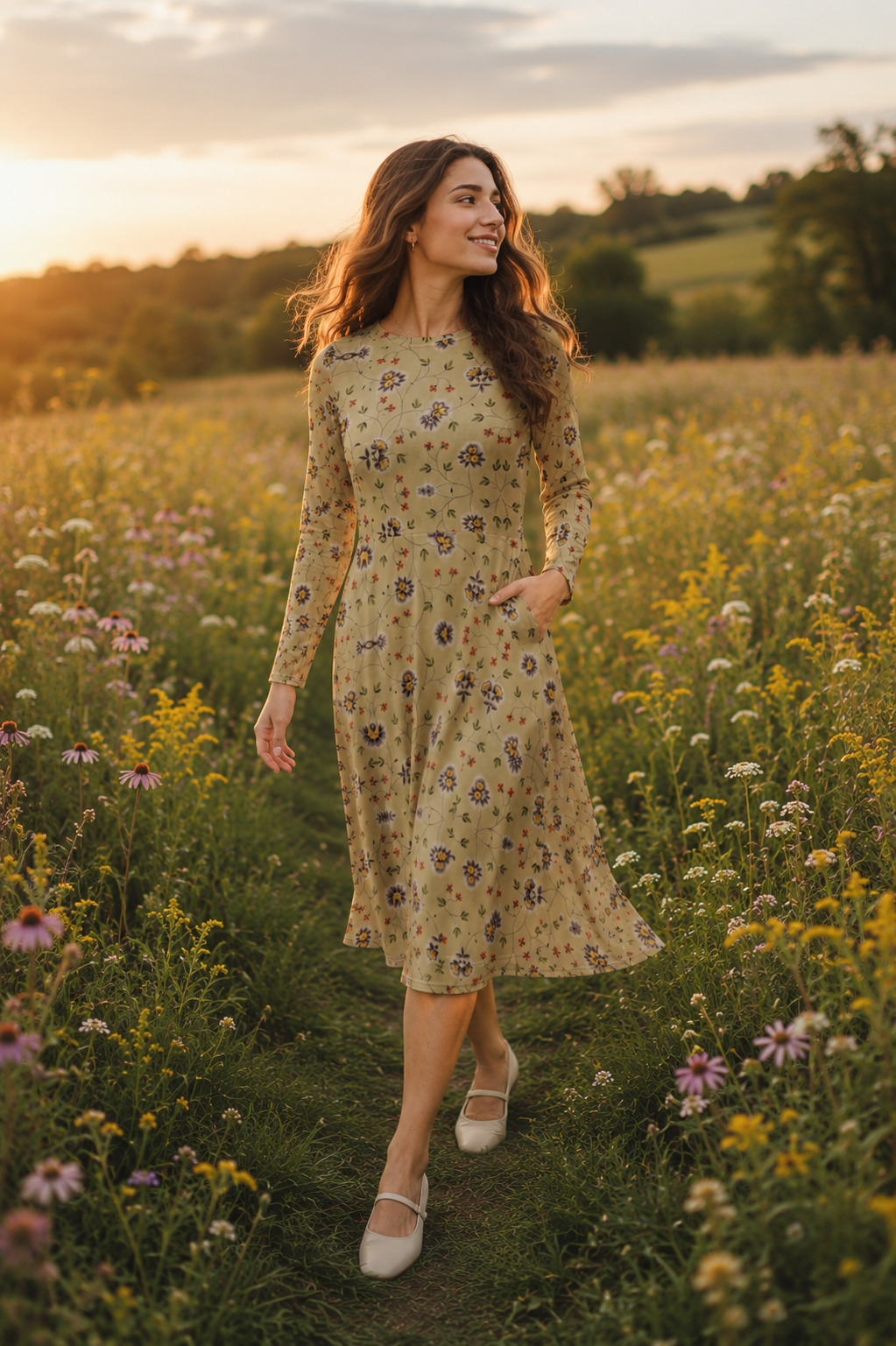 Long Sleeve Midi Dress with Pockets: The Meadow Keeper