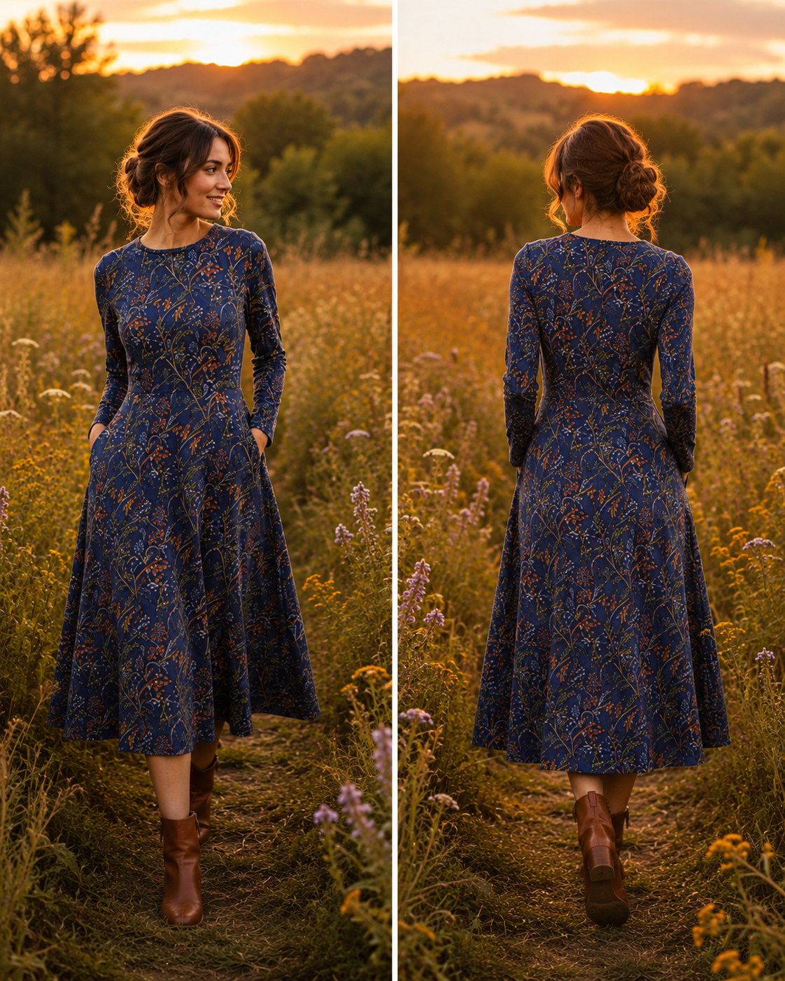 Long Sleeve Midi Dress with Pockets: Wheat & Wildflower