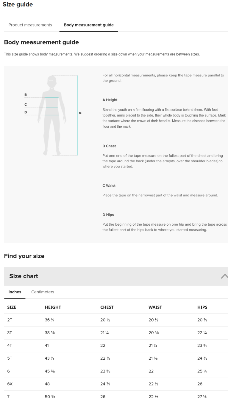 Size Guide for Kids Rash Guard