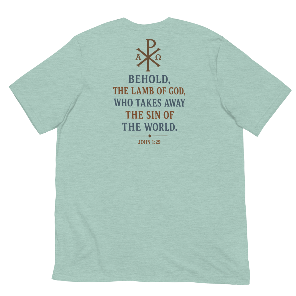 Agnus Dei Lamb of God Tee — back · Heather Prism Dusty Blue