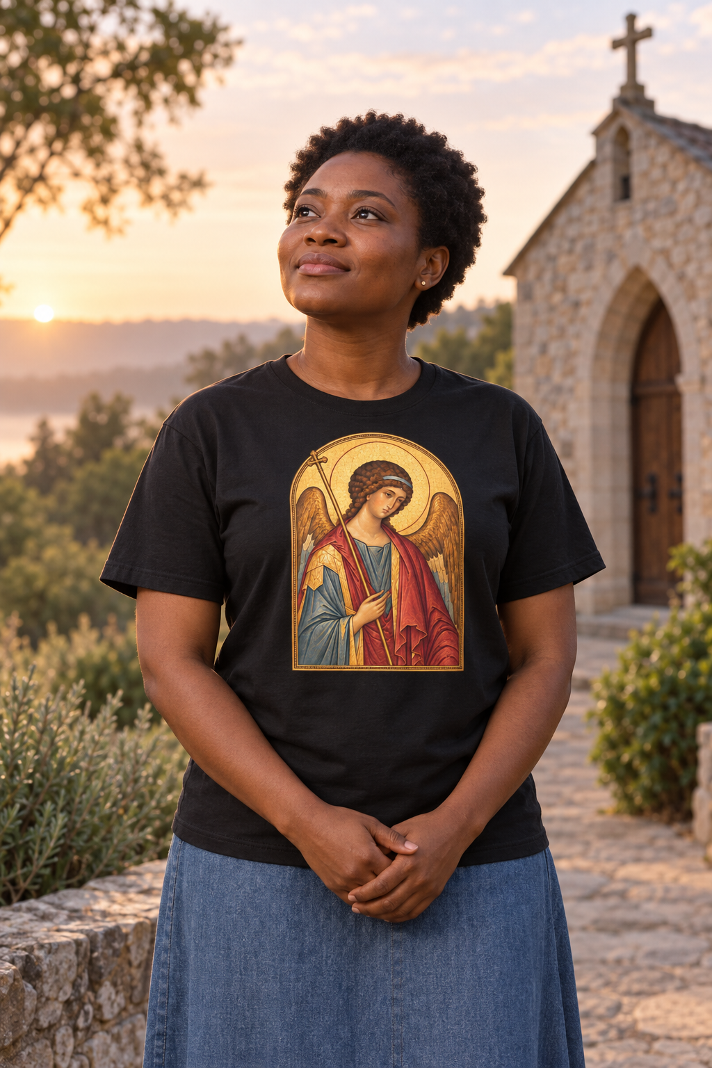 saint-michael-the-archangel-tee lifestyle · Black · bnr-card:womens-clothing · bnr-card:saints-witnesses · bnr-card:sacred-icons