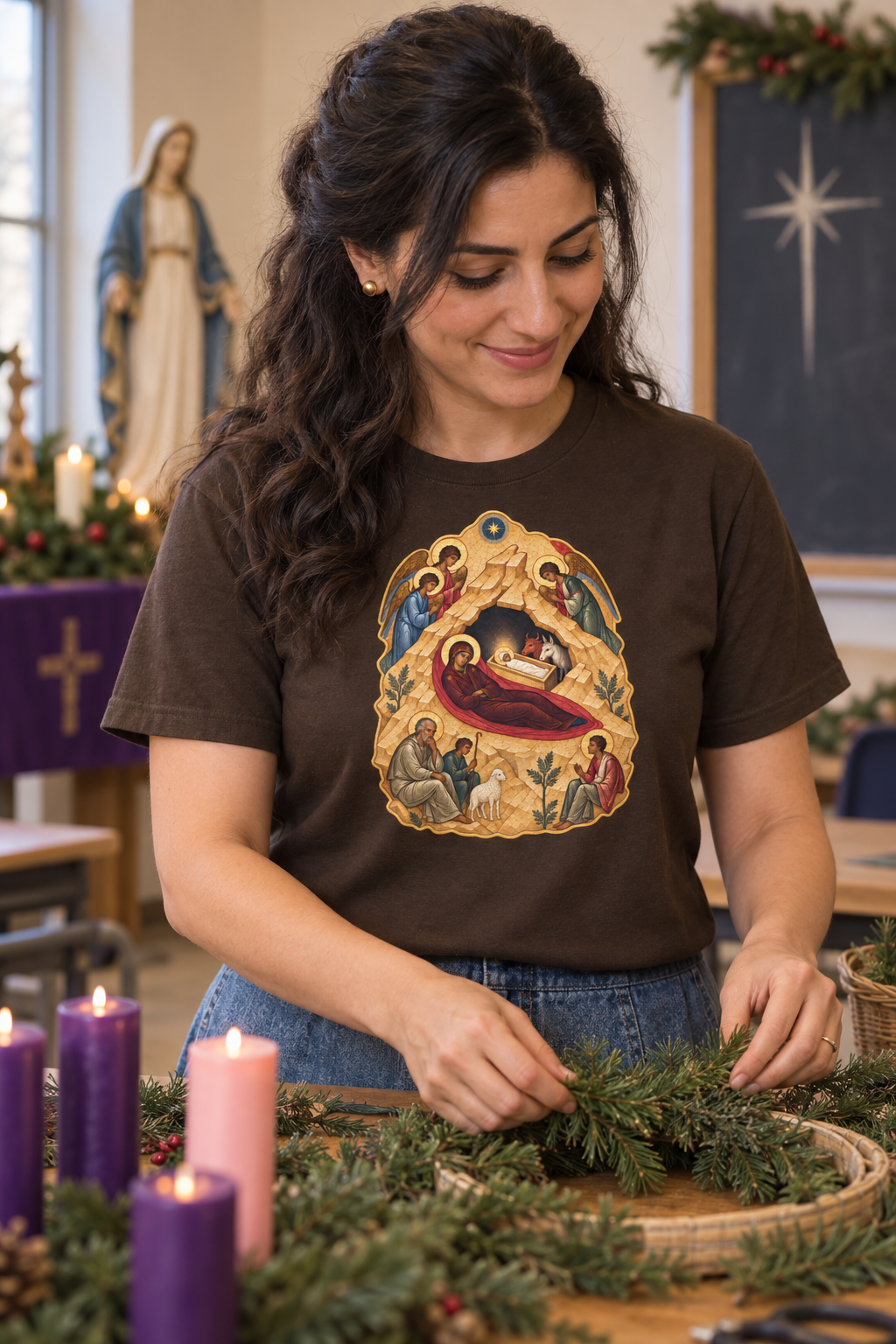 the-nativity-of-the-lord-tee lifestyle · Dark Chocolate · bnr-card:womens-clothing · bnr-card:jesus · bnr-card:sacred-icons