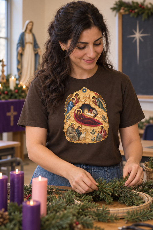 the-nativity-of-the-lord-tee lifestyle · Dark Chocolate · bnr-card:womens-clothing · bnr-card:jesus · bnr-card:sacred-icons