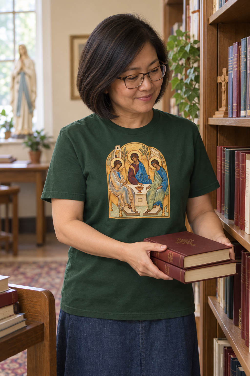 the-holy-trinity-tee lifestyle · Forest Green · bnr-card:womens-clothing · bnr-card:jesus · bnr-card:sacred-icons