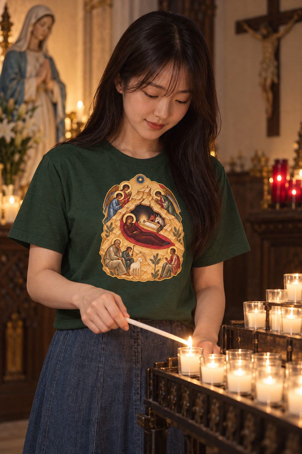 the-nativity-of-the-lord-tee lifestyle · Forest Green · bnr-card:womens-clothing · bnr-card:jesus · bnr-card:sacred-icons