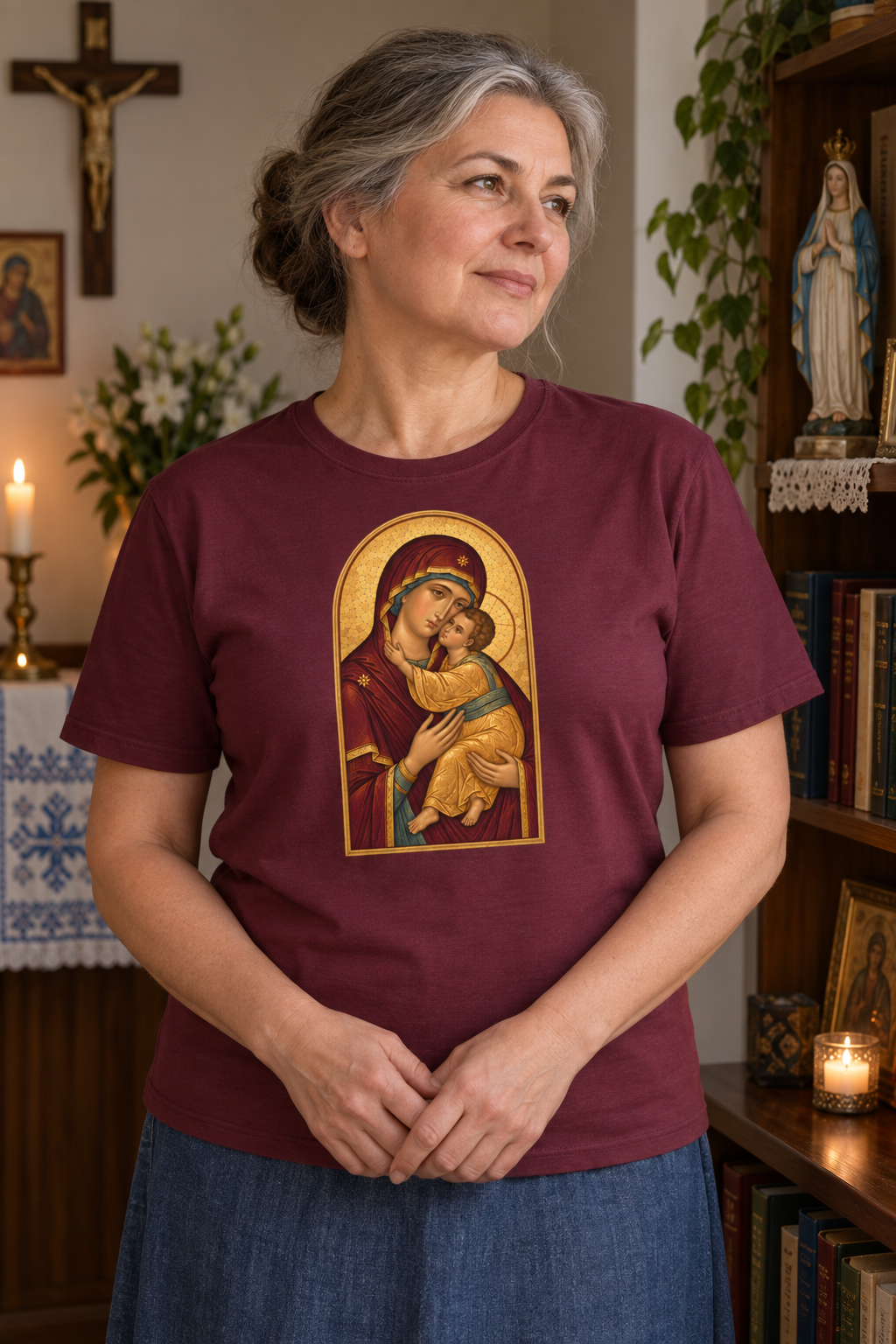 our-lady-of-vladimir-tee lifestyle · Maroon · bnr-card:womens-clothing · bnr-card:mama-maria · bnr-card:sacred-icons
