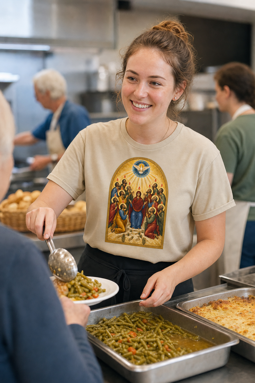 pentecost-tee lifestyle · Sand · bnr-card:womens-clothing · bnr-card:jesus · bnr-card:sacred-icons