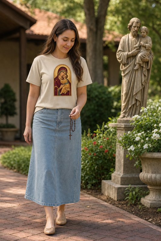 our-lady-of-vladimir-tee lifestyle · Sand · bnr-card:womens-clothing · bnr-card:mama-maria · bnr-card:sacred-icons