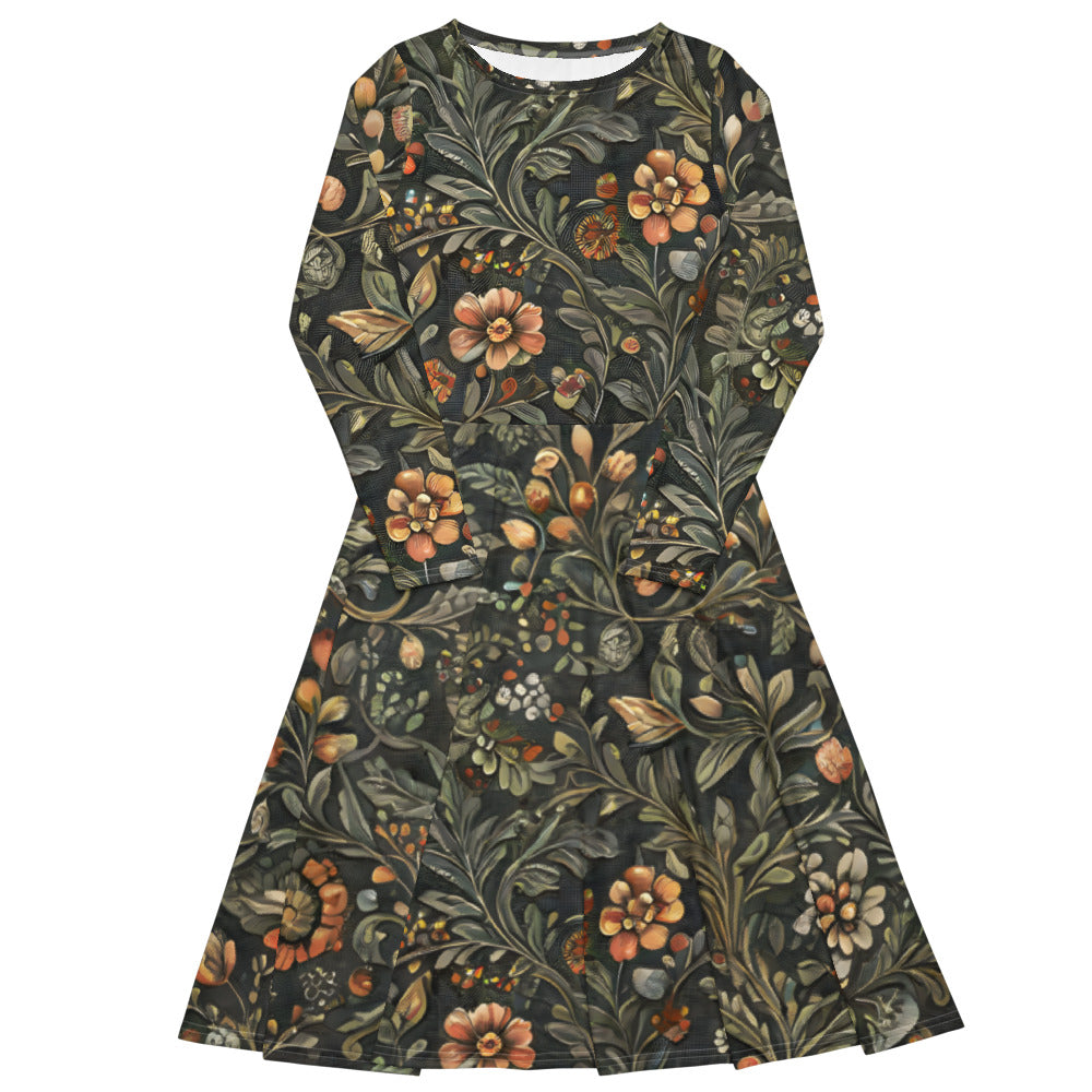 Long Sleeve Midi Dress with Pockets: Linen & Gardenlike