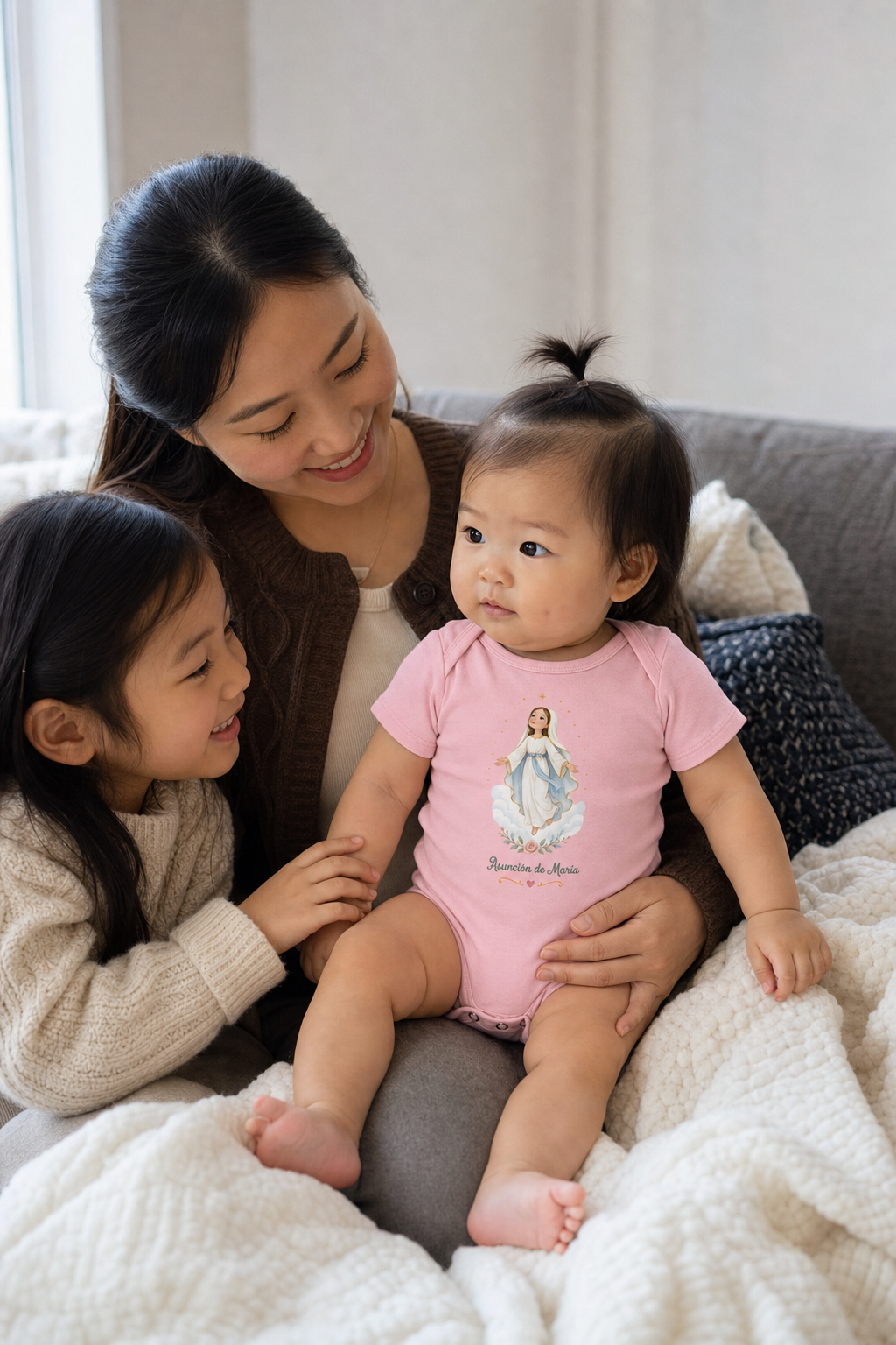 Baby girl wearing the Asunción de María Baby Bodysuit in Pink
