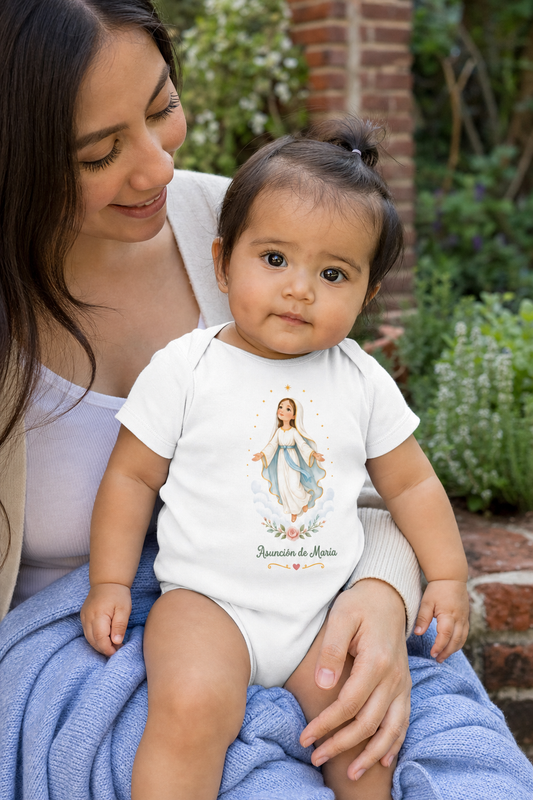 Baby girl wearing the Asunción de María Baby Bodysuit in White