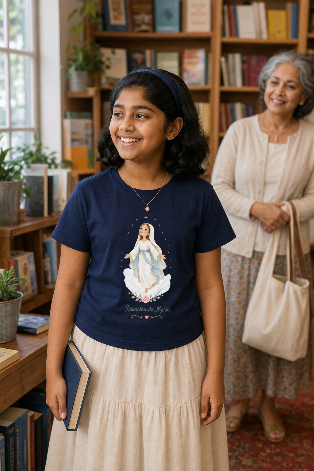 Girl wearing the Asunción de María Girls T-Shirt in Navy