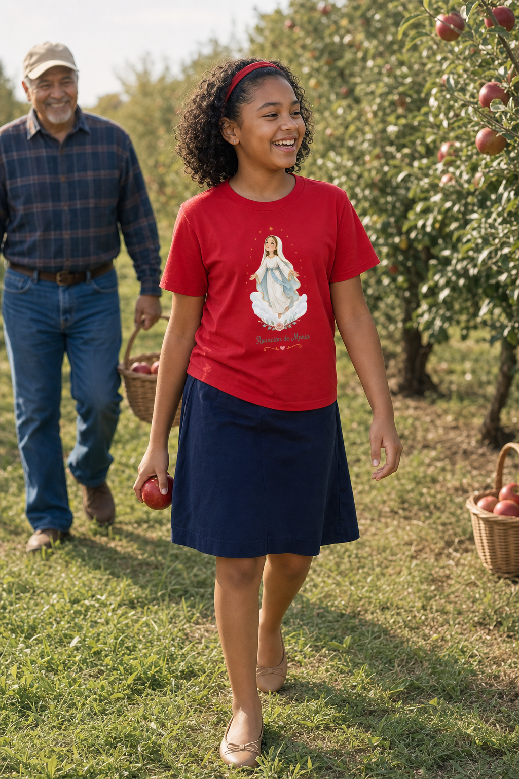 Girl wearing the Asunción de María Girls T-Shirt in Red