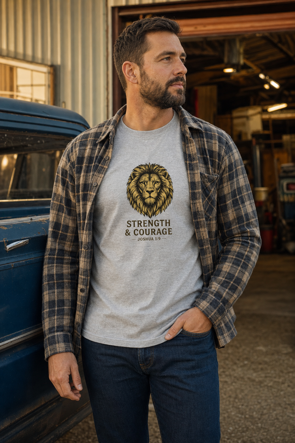 strength-courage-lion-christian-t-shirt-joshua-1-9 lifestyle · Athletic Heather · bnr-card:mens-clothing