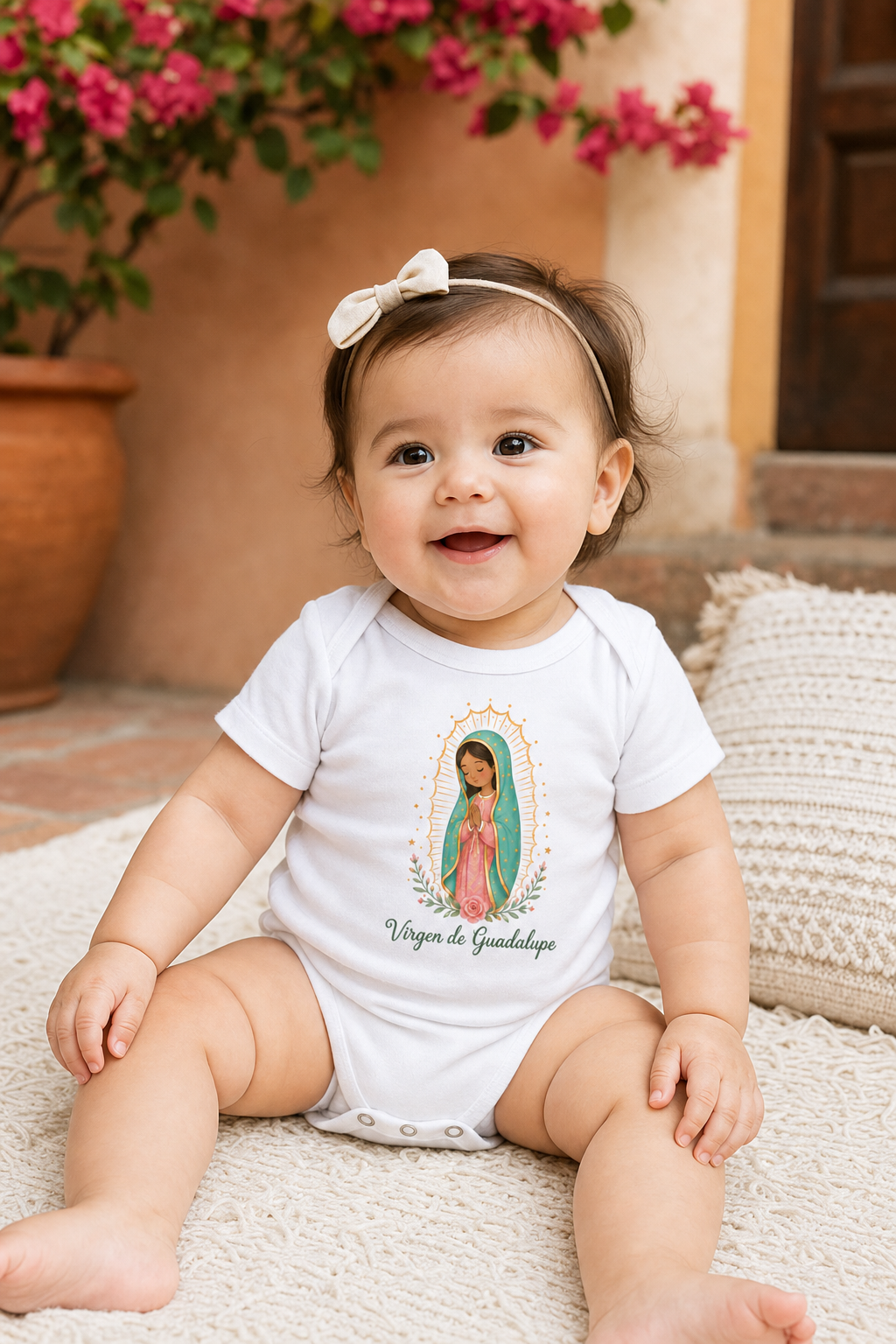 Baby girl wearing the Virgen de Guadalupe bodysuit in a lifestyle setting